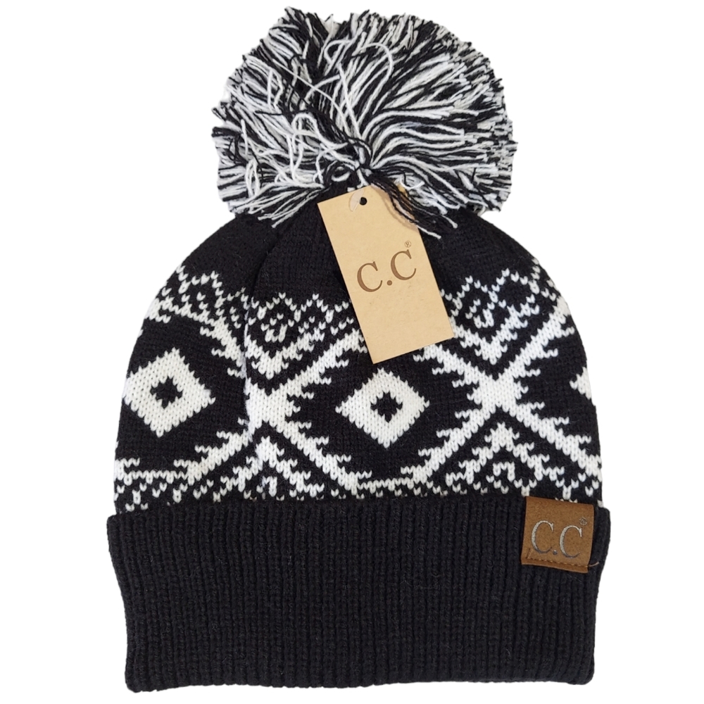 New Knitted Beanie Hat Black Womens  Acrylic Soft Warm Aztec Pom